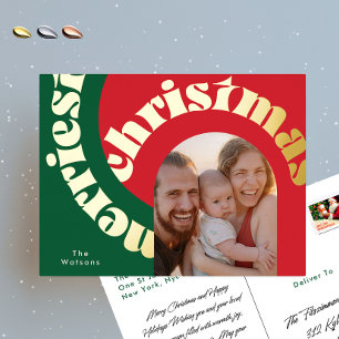 Carte Postale De Vacances En Aluminium vert rouge gras noël or oval une photo
