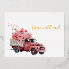 Carte Postale De Vacances En Aluminium Viens avec moi, vieux camion rose plein de fleurs
