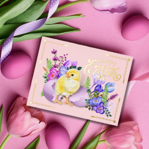 Carte Postale De Vacances En Aluminium Vintage Joyeux bébé de Pâques poussin et floral