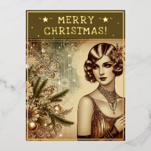 Carte Postale De Vacances En Aluminium Vintage Lady Christmas Thème Salutations Retro Pic