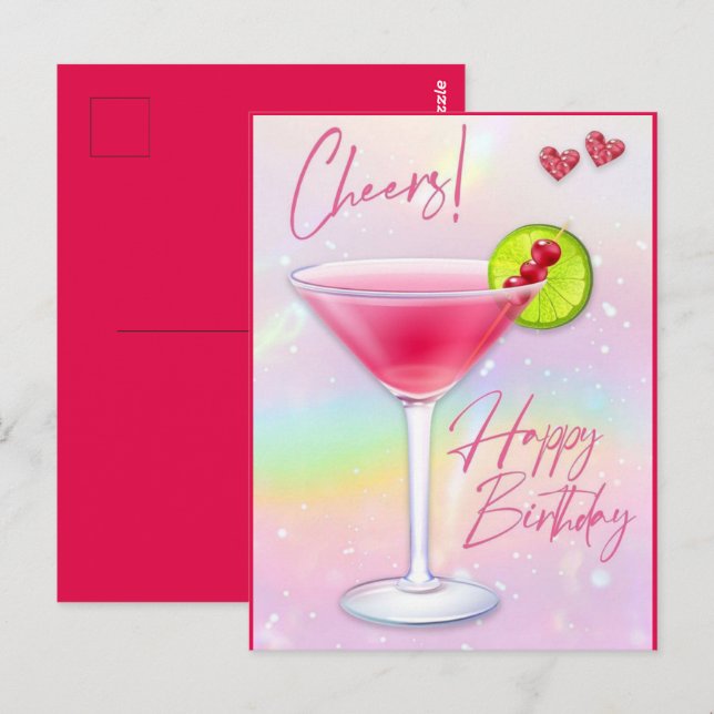 Carte postale de vœux d'anniversaire Pink Cheers (Devant / Derrière)