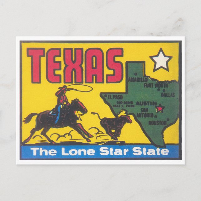 Carte Postale Décalage d'état vintage du Texas avec cowboy (Devant)