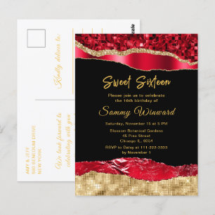 Carte Postale Déchirures Glamour Rouge et Or Sweet Sixteen