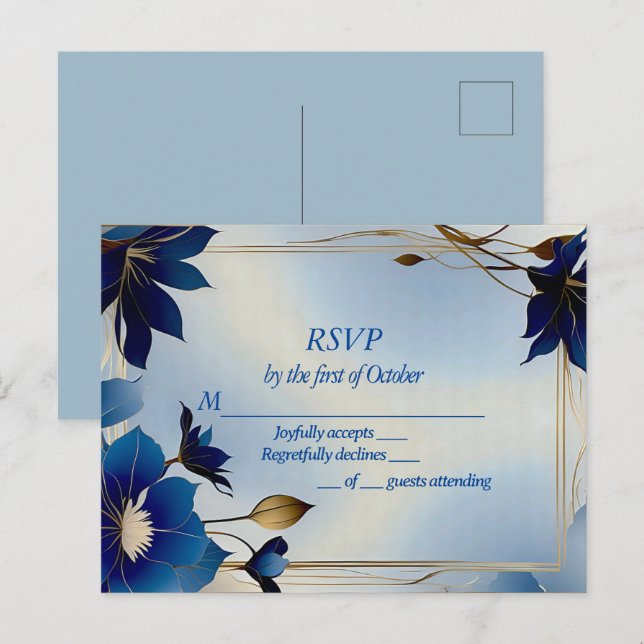 Carte Postale Décor bleu fleurs mariage RSVP (Devant / Derrière)