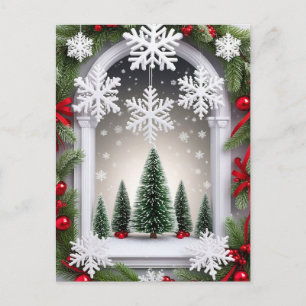 Carte Postale Décorations rouges de Noël Pinède enneigée fenêtre