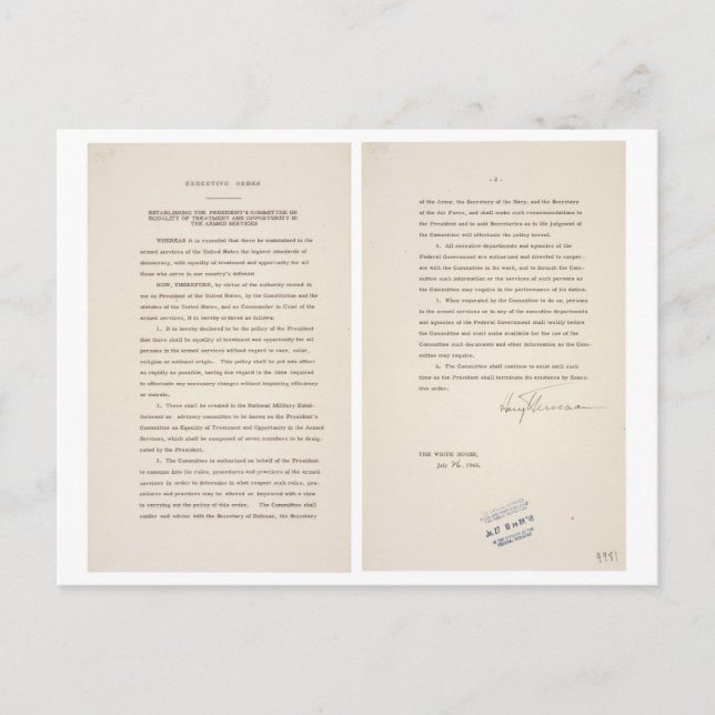 Carte Postale Décret exécutif 9981 Déégrégation des forces armée (Devant)