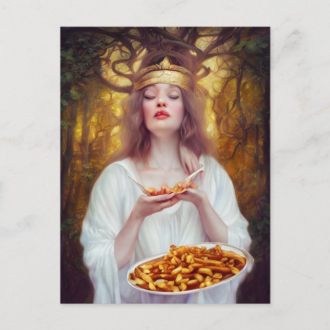 Carte Postale Déesse avec une assiette remplie de poutine (Devant)