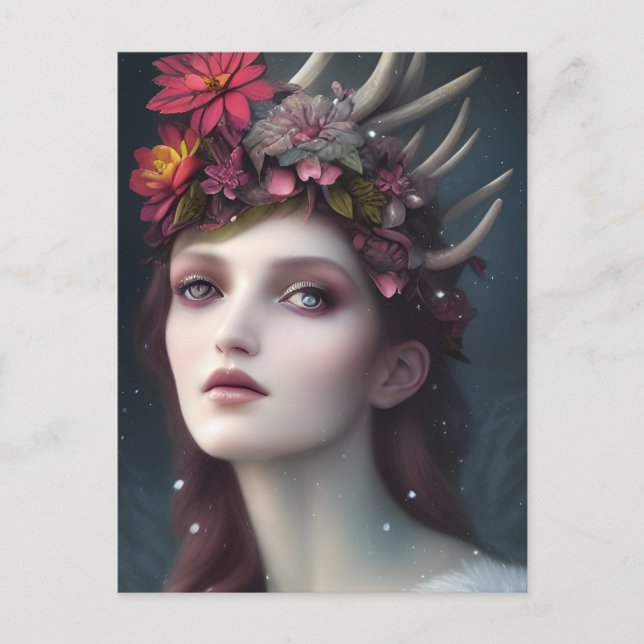 Carte Postale Déesse de l'Imaginaire d'hiver Portrait floral (Devant)