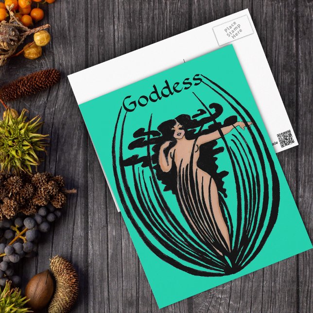 Carte postale Déesse Imaginaire (Godess woman long black hair in black flower pod on mint green postcard.)
