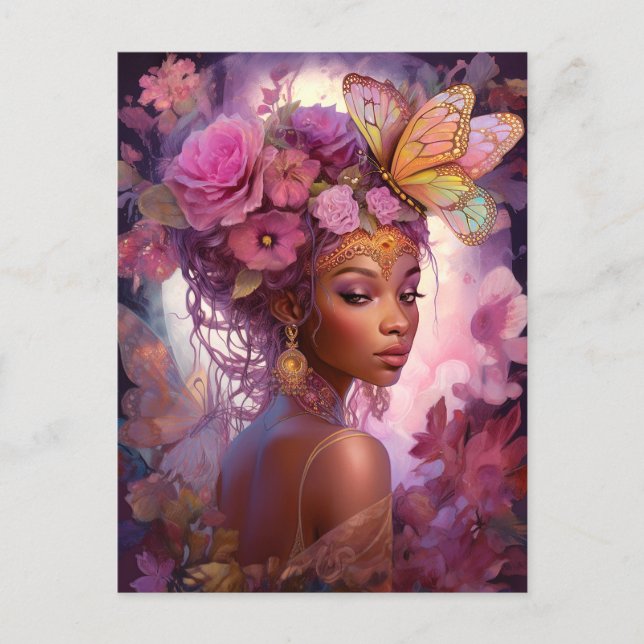 Carte Postale Déesse noire Art Imaginaire rose violet (Devant)