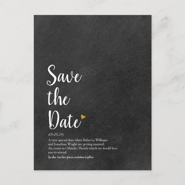 Carte Postale Définition de Save the Date Script Cœur d'Or (Devant)