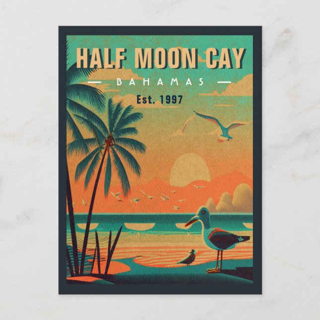 Carte Postale Demi Moon Cay Bahamas Retro Seagull Souvenir 1950 (Devant)