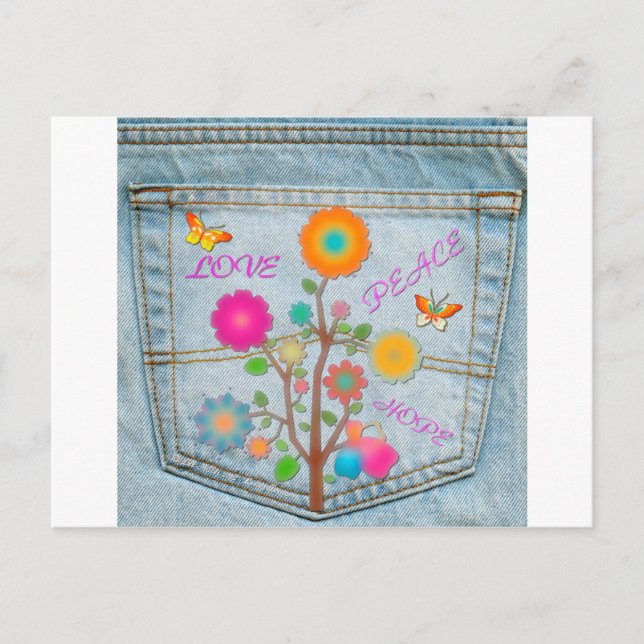 Carte Postale Denim Back Fleurs de poche Paix Aimer Espoir (Devant)