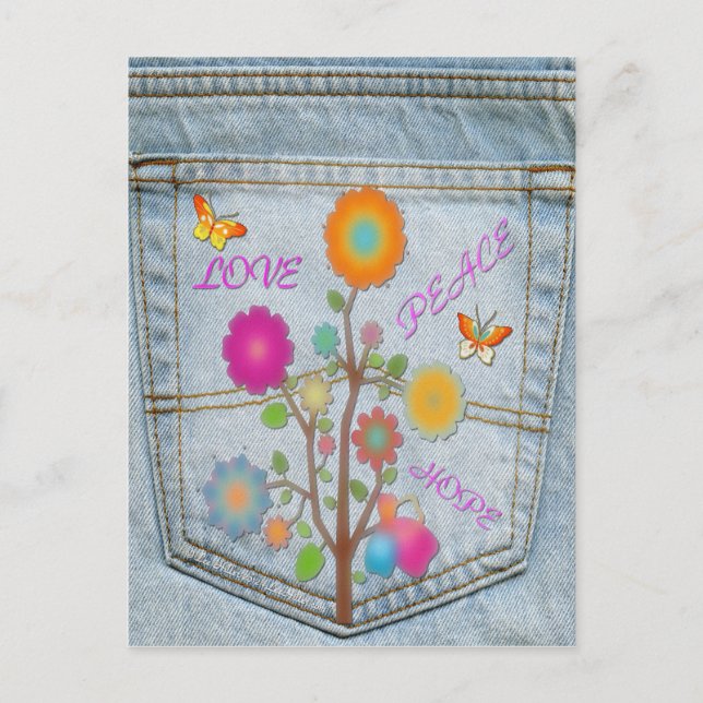 Carte postale Denim Back Pocket Flower Peace Love  (Devant)