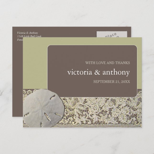 Carte Postale Dentelle de sable, Merci de mariage de plage Vinta (Devant / Derrière)