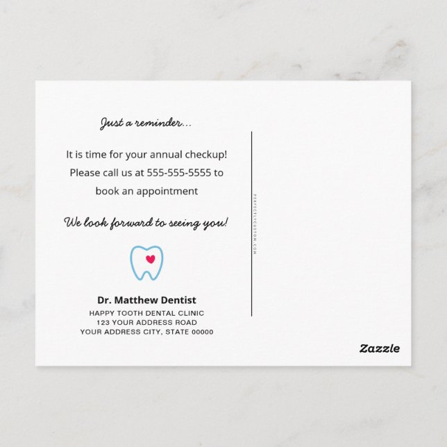 Carte Postale Dentist rendez-vous rappel dent avec le coeur bleu (Dos)