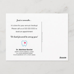 Carte Postale Dentist rendez-vous rappel dent avec le coeur bleu