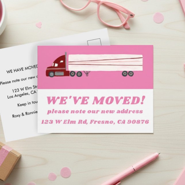 Carte Postale DÉPLACEMENT FAIRE-PART NOUVELLE ADRESSE Cute Camio (MOVING ANNOUNCEMENT NEW ADDRESS Cute Truck Pink Postcard
)