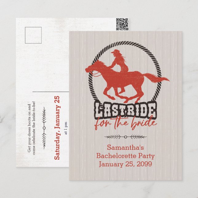 Carte Postale Dernière chevauchée pour la mariée en rouge rouill (Devant / Derrière)