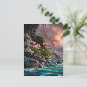 Carte Postale Des fleurs s'épanouissent au rivage du coucher de 