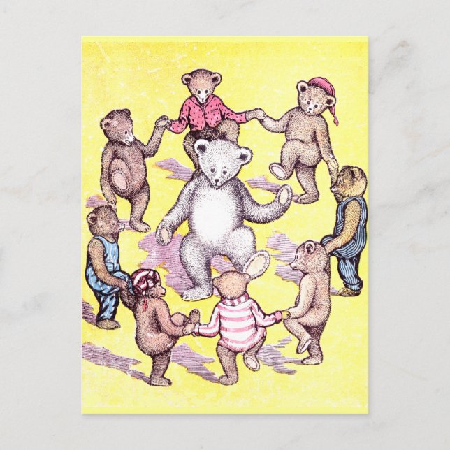 Carte Postale Des nounours jouent à la bague autour de la Rosie (Devant)