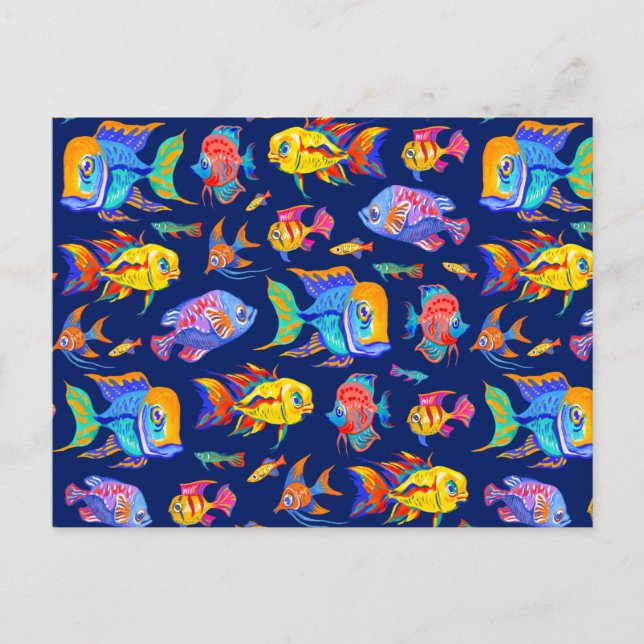 Carte Postale Des poissons tropicaux amusants sur bleu foncé (Devant)