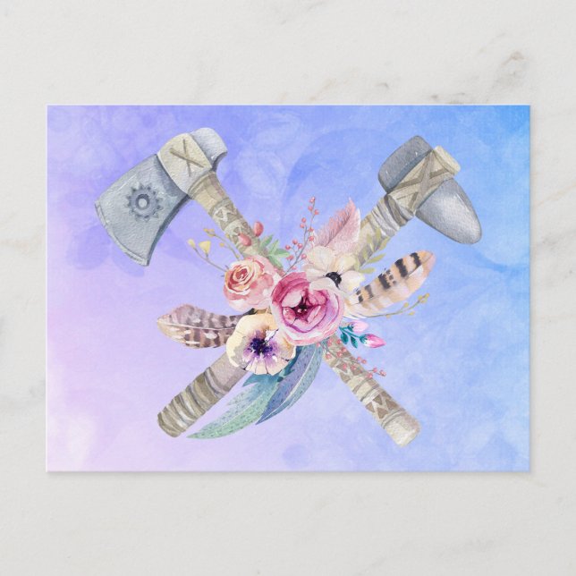 Carte Postale Design en aquarelle Tomahawk marteau et fleurs (Devant)