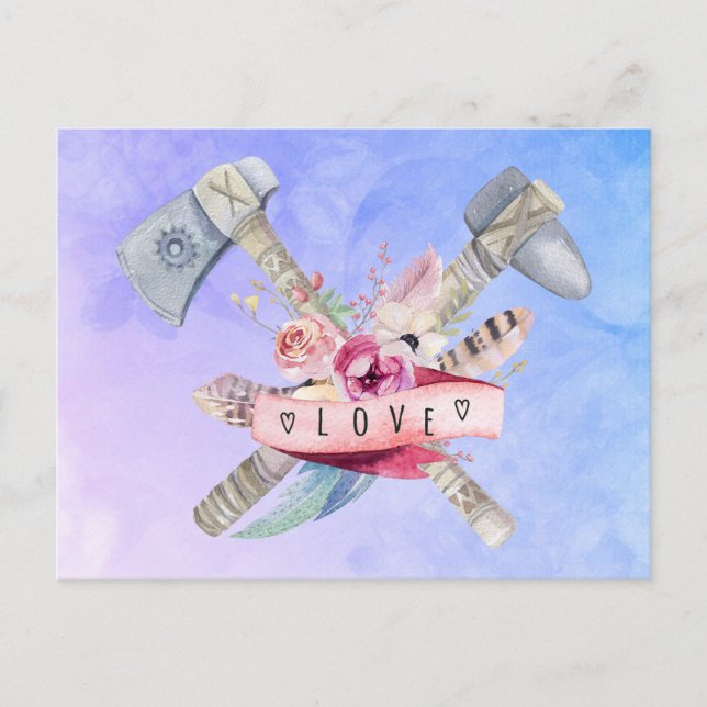Carte Postale Design en aquarelle Tomahawk marteau et fleurs (Devant)