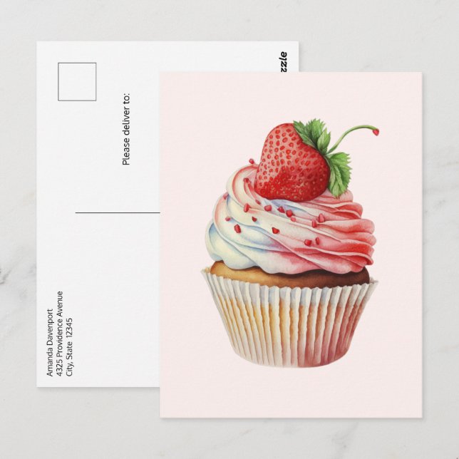 Carte Postale Dessert sucré à la fraise Cupcake (Devant / Derrière)