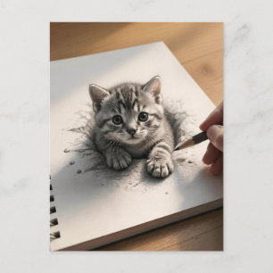 Carte Postale Dessin au crayon de chaton tigré en illusion 3D