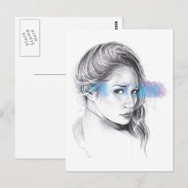 Carte Postale Dessin au crayon de portrait de fille (Devant / Derrière)