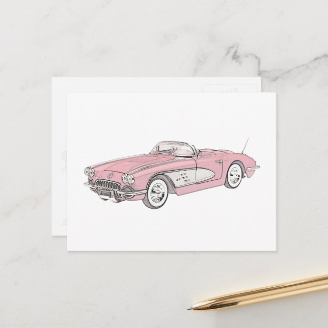 Carte Postale Dessin Chevy Corvette 1958 Rouge et blanc (Devant/Arrière en situation)