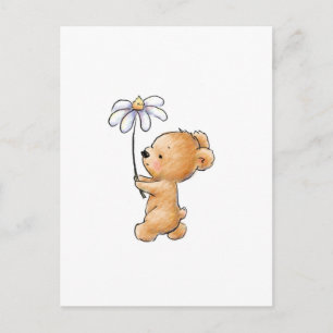 Carte Postale Dessin de l'ours en peluche marchant avec la fleur