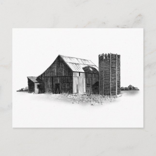 CARTE POSTALE DESSIN DE PENCILE : VIEUX BARN, SILO : RÉALISME (Devant)