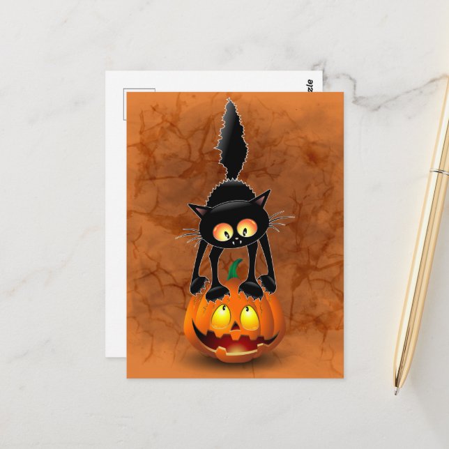 Carte Postale Dessin d'Halloween au chat effrayé sur Citrouille (Devant/Arrière en situation)