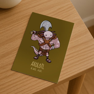 Carte Postale Dessin d'un axolotl avec une hache gladiateur guer
