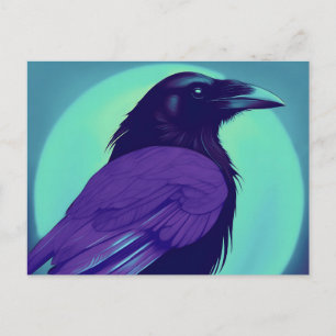 Carte Postale Dessin d'un corbeau sur fond bleu néon