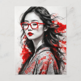 Carte Postale Dessin d'une femme asiatique blanche noire