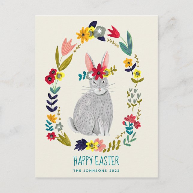 Carte Postale Dessin floral gris lapin de Pâques (Devant)