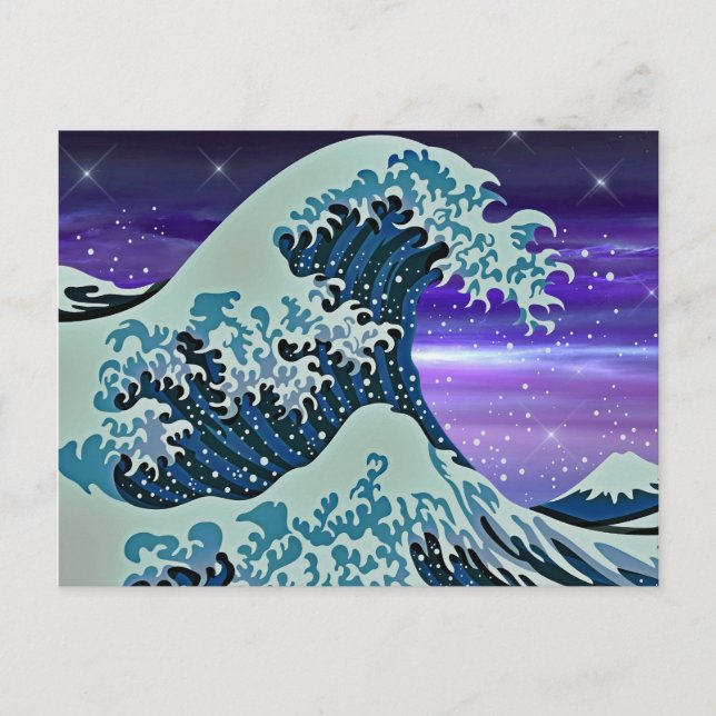 Carte Postale Dessin japonais de la vague de tsunami bleu (Devant)