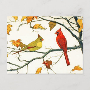 Carte Postale Dessin japonais vintage, Cardinaux sur une branche