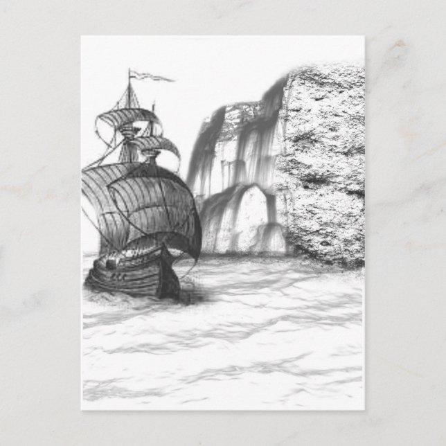 Carte Postale Dessin noir et blanc d'un voilier (Devant)