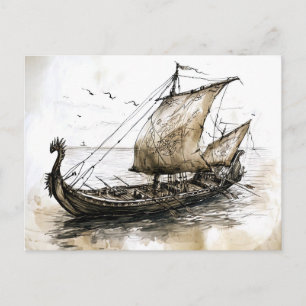 Carte Postale Dessin Viking d'un navire Viking norvégien