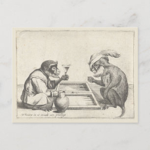 Carte Postale Dessin vintage de singes jouant au jacquet