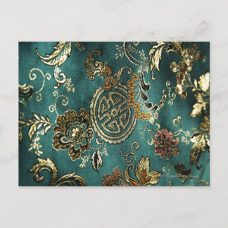 Carte Postale Détail du tissu de soie chinois vert jade