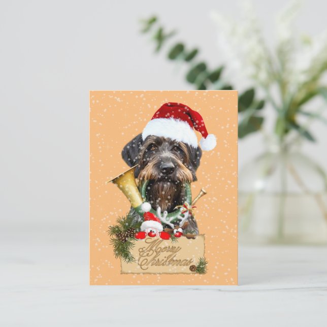 Carte Postale Deutsch Drahthaar, Joyeux Noël ! Bouton magnétique (Debout devant)