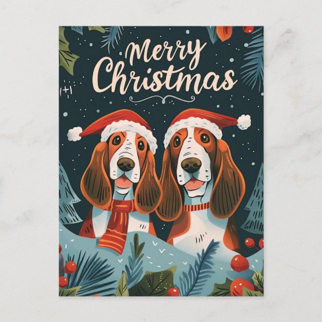 Carte Postale Deux Basset Hound Joyeux Noël (Devant)