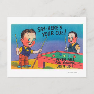 Carte Postale Deux Cartoon Men Jouer au Pool, voici votre Cue