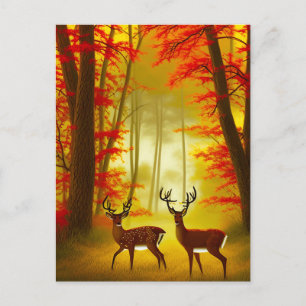 Carte Postale Deux cerfs dans une forêt d'automne / Bois