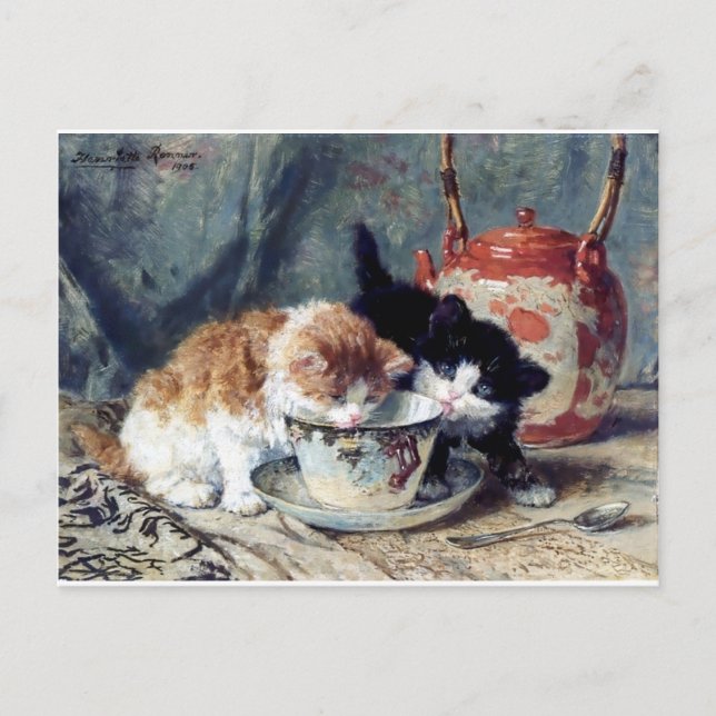 Carte Postale Deux chatons à la fête du thé (Devant)